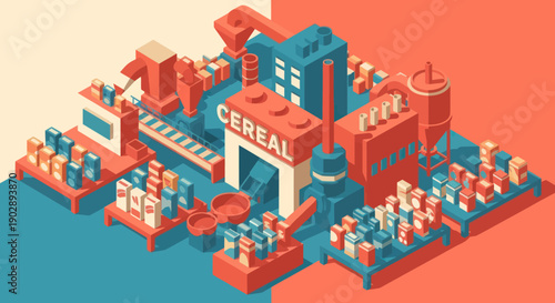 Cereal Factory Isometric Illustration with Workers.