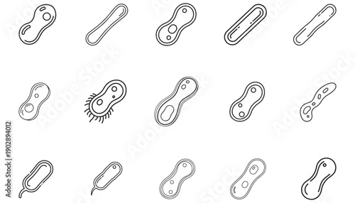 Collection of stylized cartoon bacteria icons in outline style on white background