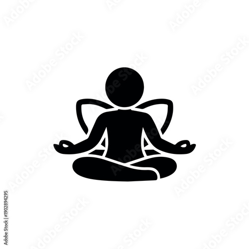 A serene black silhouette icon depicting a person sitting in a meditative lotus position with crossed legs and hands resting on knees, surrounded by abstract floral or wing-like elements.