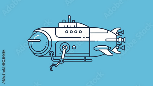 Modern minimalist line art illustration of a research submarine partially submerged in deep blue