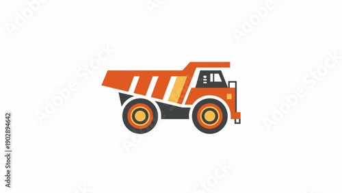 Flat design illustration of an orange dump truck icon representing heavy construction machinery