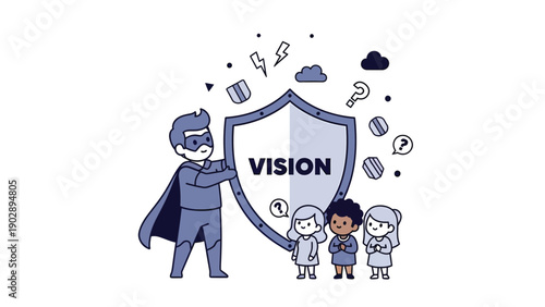 Superhero protects children with 'VISION' shield, symbolizing future guidance, foresight, and problem-solving for youth.