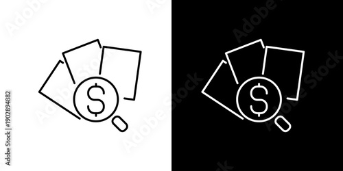 Single icon of magnifying glass over dollar bills and cards, signifying financial search or analysis