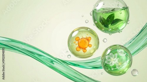 Abstract Molecules and Botanical Ingredients in Bubbles with Flowing Liquid