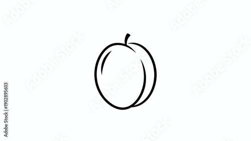 Minimalist black line art illustration of a ripe plum or apricot fruit icon on a clean white