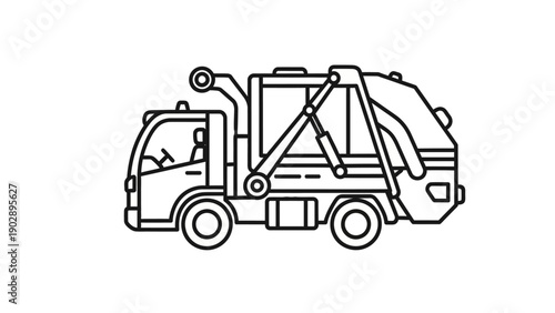 Simple line art illustration of a garbage truck, essential for waste management and urban