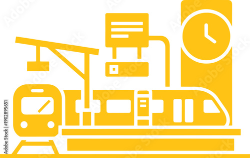 Yellow metro train station with clock and sign