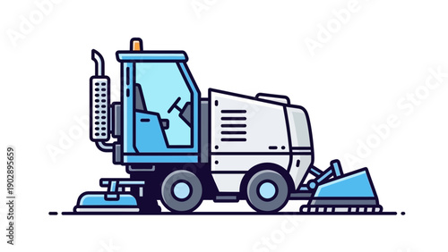 Modern flat design illustration of a vibrant blue street sweeper for urban cleaning services