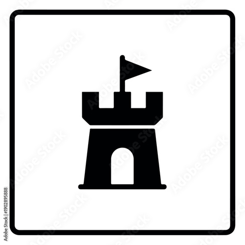 A simple black icon of a medieval castle tower with a battlements and a flag, framed within a rounded square on a white background.