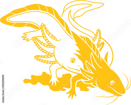 Yellow outlined of a fish with whiskers and fins in a stylized manner