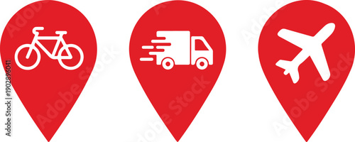 Transportation Location Pin Outline Icon Set  Bicycle, Delivery Truck, and Airplane Map Markers