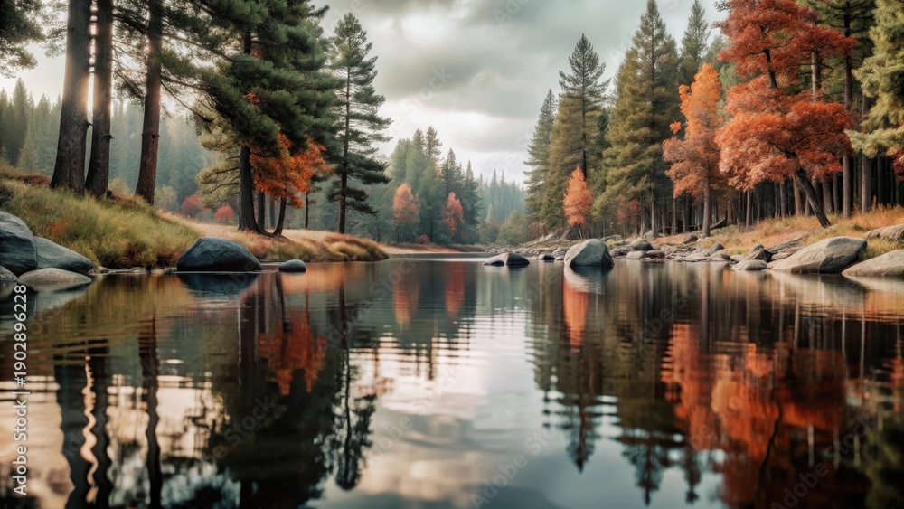 Fototapeta premium Moody forest ambiance with a serene river reflection on a grey day