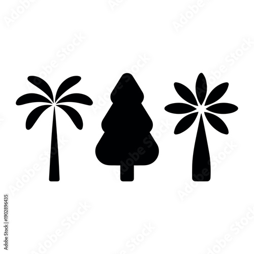 A minimalist black silhouette illustration showcasing three distinct trees: two tropical palm trees flanking a central evergreen conifer, against a white background.