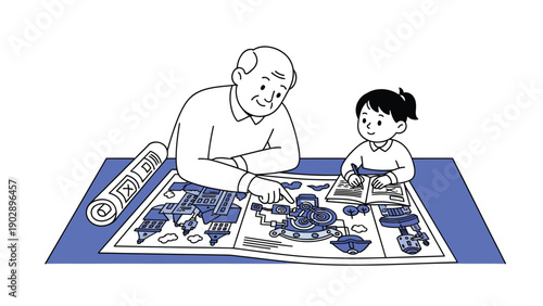 Grandfather and child studying city plan blueprint, illustrating intergenerational learning and project planning