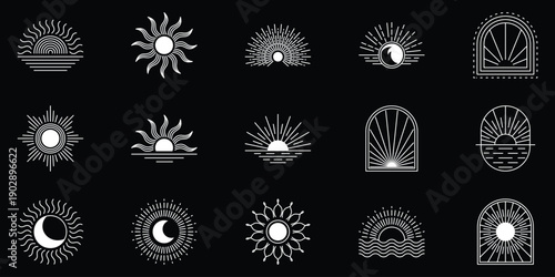 Diverse Vector Collection of Minimalist Celestial Icons Featuring Sun, Moon, and Horizon Motifs for Modern Graphic Design Projects