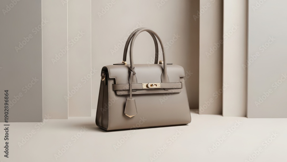 Fototapeta premium Elegant light grey leather handbag with top handle and gold clasp on a neutral background.