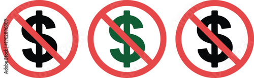 No Money Outline Icon Set  Crossed Dollar Prohibition Symbols for Finance Warnings