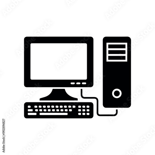 A classic black silhouette illustration of a vintage desktop computer setup, featuring a chunky monitor, a tower, and a keyboard, all connected.