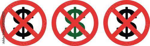 No Money Outline Icon Set  Crossed Dollar Prohibition Symbols for Finance Warnings