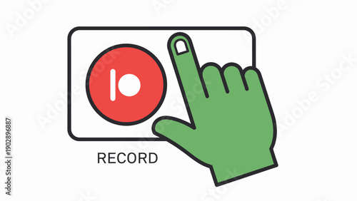 Green Hand Pressing Red Record Button Icon for Video and Audio Recording