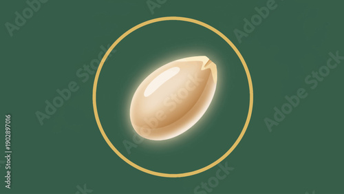 Minimalist illustration of a glowing peanut seed centered in a golden ring on a deep green