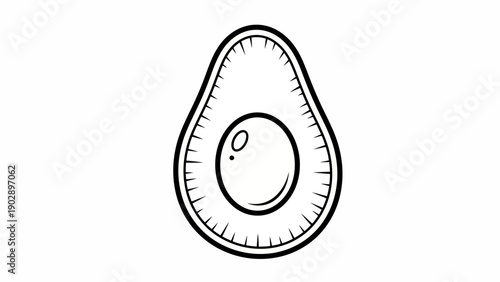 Simple black and white outline drawing of a healthy avocado fruit sliced in half with its central