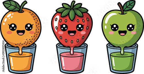 Cute Fruit Juice Outline Illustration  Smiling Fruit Characters Pouring Fresh Juice