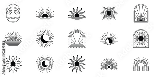 Elegant Collection of Minimalist Sun and Moon Icons, Celestial Line Art Vector Graphics for Modern Design Projects