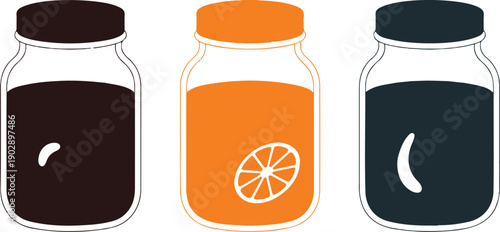 Mason Jar Beverage Outline Icon Set  Apple Juice, Orange Juice, and Water