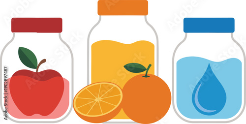 Mason Jar Beverage Outline Icon Set  Apple Juice, Orange Juice, and Water