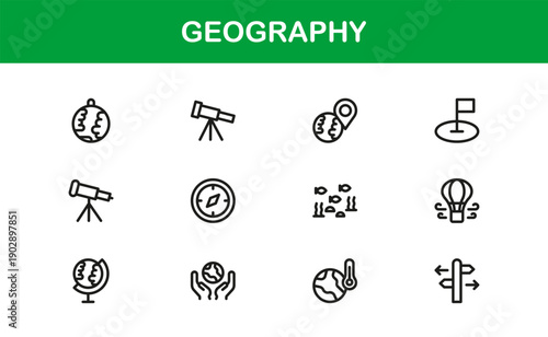 Geography Professional Line Icon Collection Featuring Clean Minimal Vectors with Modern Design for Cartography Navigation and Earth Science
