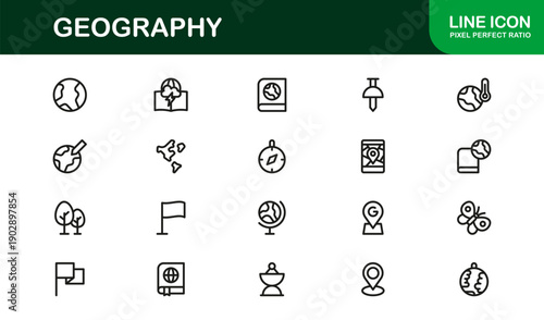 Geography Professional Line Icon Collection Featuring Clean Minimal Vectors with Modern Design for Cartography Navigation and Earth Science