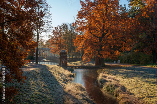 Turkish (Red) cascade on the Upper Ponds in the Catherine Park of Tsarskoye Selo on a sunny autumn day, Pushkin, St. Petersburg, Russia