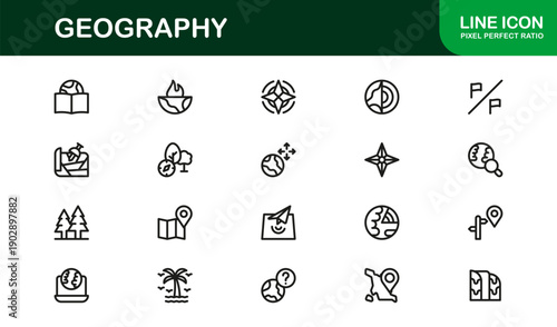 Geography Professional Line Icon Collection Featuring Clean Minimal Vectors with Modern Design for Cartography Navigation and Earth Science