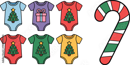 Christmas Baby Onesie Outline Icons Holiday Infant Clothing and Candy Cane Set