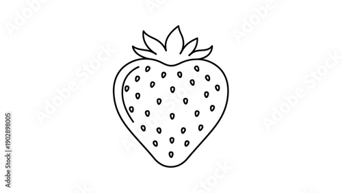 Minimalist black outline drawing of a fresh strawberry fruit with seeds and green leaves icon