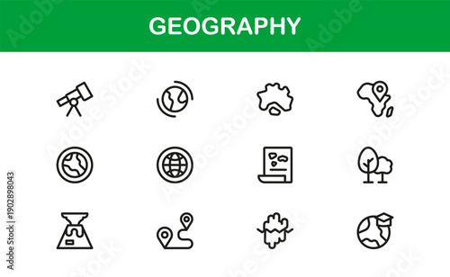 Geography Professional Line Icon Collection Featuring Clean Minimal Vectors with Modern Design for Cartography Navigation and Earth Science