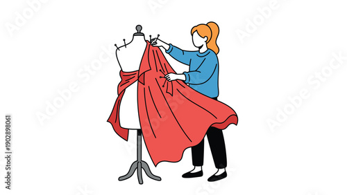 Fashion designer draping red fabric on mannequin, creative dressmaking process illustration