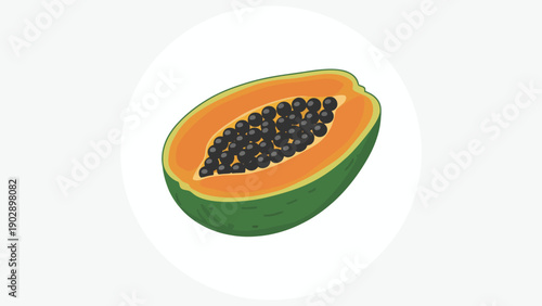 Vibrant tropical papaya fruit cut in half with dark seeds healthy food illustration
