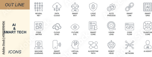AI and smart tech line icon set with neural, data, cloud, algorithm, robot, chip, and circuit symbols. Perfect for apps, software, digital projects, and future tech branding.