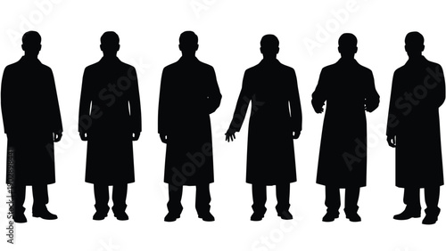 Collection of six male doctor silhouettes wearing long medical coats in professional standing poses isolated on a white background for healthcare