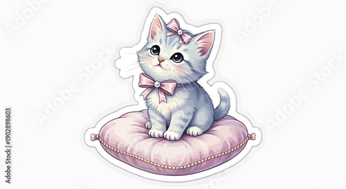 Cute Kitten with Pink Bow Sitting on Pillow