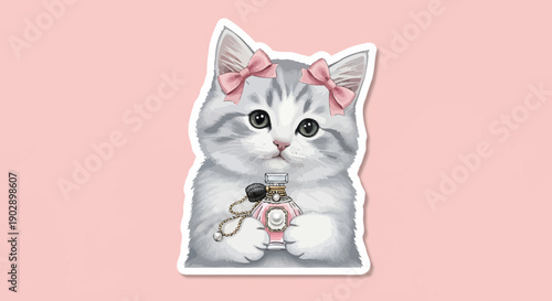 Cute kitten with pink bows holding perfume bottle, adorable pet illustration
