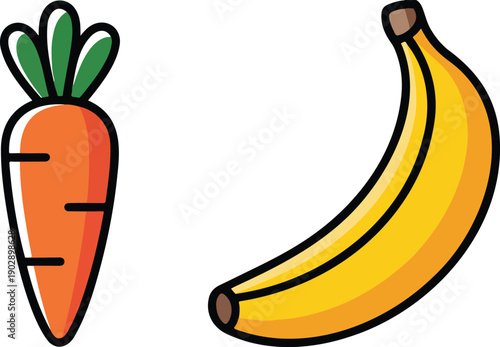 Carrot and Banana Fruit Outline Icon Set  Healthy Food Vector Illustration