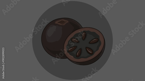 Detailed illustration of a whole and halved black sapote showing its dark flesh and seeds in a