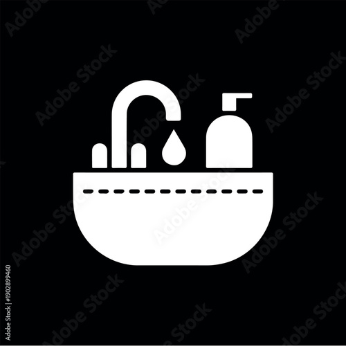 A clean white icon on a black background illustrates a bathroom basin with a running faucet dripping water and a soap dispenser sitting beside it, representing hygiene and cleanliness.
