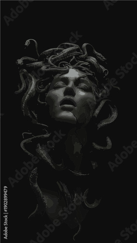 Dark Medusa Statue Head with Snake Hair Mythology Concept