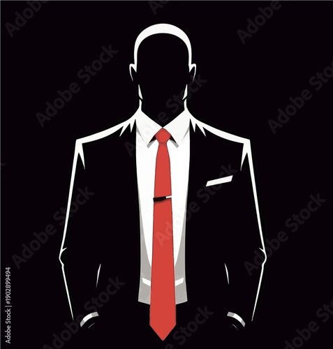 Mysterious Man in Black Suit with Red Tie Silhouette