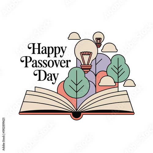 Happy Passover Day with Lightbulbs and Trees on Open Book clouds