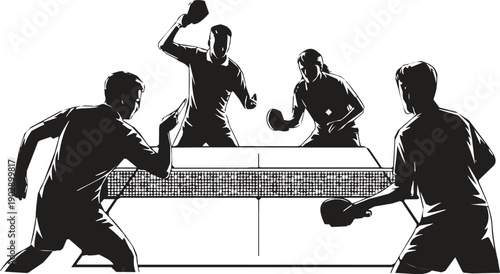 A black and white silhouette illustration of a table tennis match in progress.